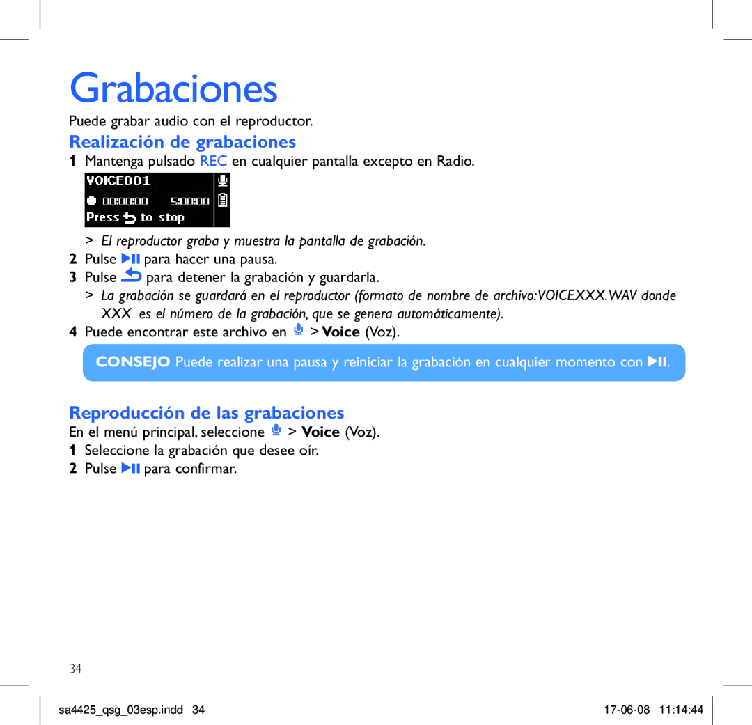 Philips SA4441, SA4480, SA4440, SA4421, SA4447, SA4420, SA4411, SA4410, SA4427 manual Grabaciones, Realización de grabaciones 