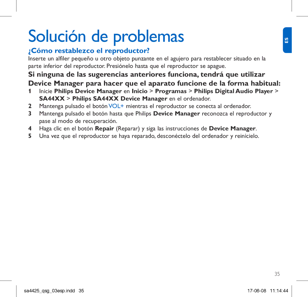 Philips SA4411, SA4480, SA4440, SA4421, SA4447, SA4420, SA4441, SA4410 Solución de problemas, ¿Cómo restablezco el reproductor? 