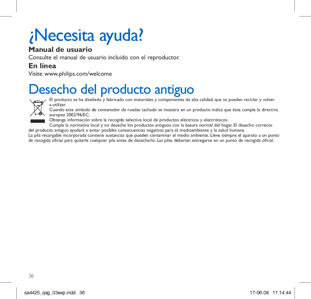 Philips SA4410, SA4480, SA4440, SA4421, SA4447, SA4420, SA4441, SA4411, SA4427 manual ¿Necesita ayuda?, Manual de usuario, En línea 