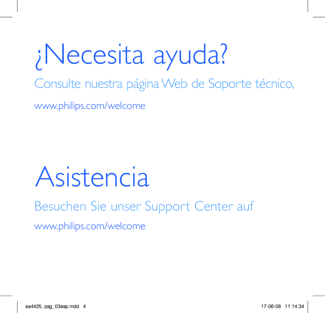 Philips SA4420, SA4480, SA4440, SA4421, SA4447, SA4441, SA4411, SA4410, SA4427 manual Asistencia 