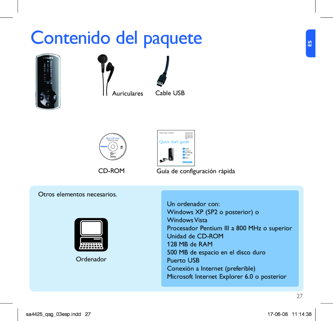 Philips SA4410, SA4480, SA4440, SA4421, SA4447, SA4420, SA4441, SA4411, SA4427 manual Contenido del paquete, Auriculares 