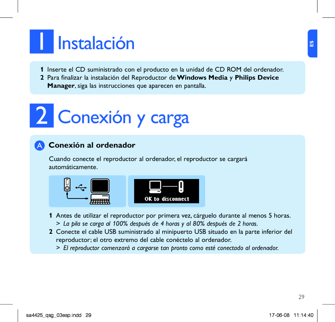 Philips SA4480, SA4440, SA4421, SA4447, SA4420, SA4441, SA4411, SA4410 manual Instalación, Conexión y carga, Conexión al ordenador 