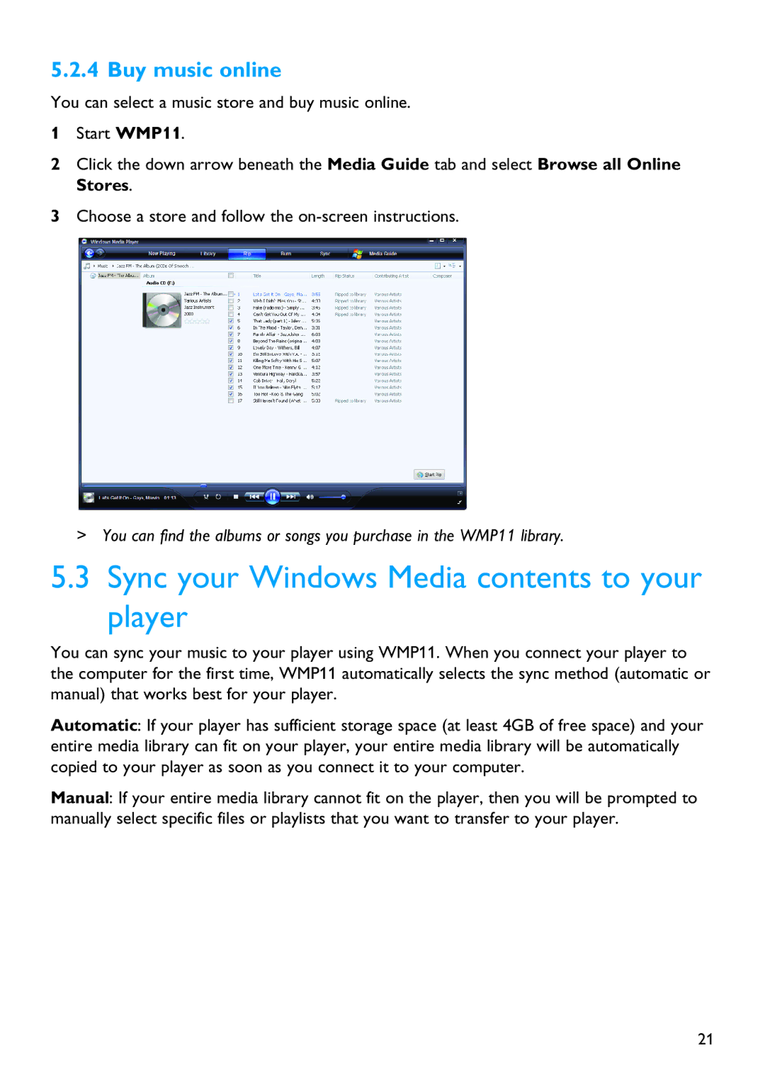 Philips SA4446, SA4485, SA4416, SA4486, SA4415, SA4445, SA4426, SA4425 manual Sync your Windows Media contents to your player 