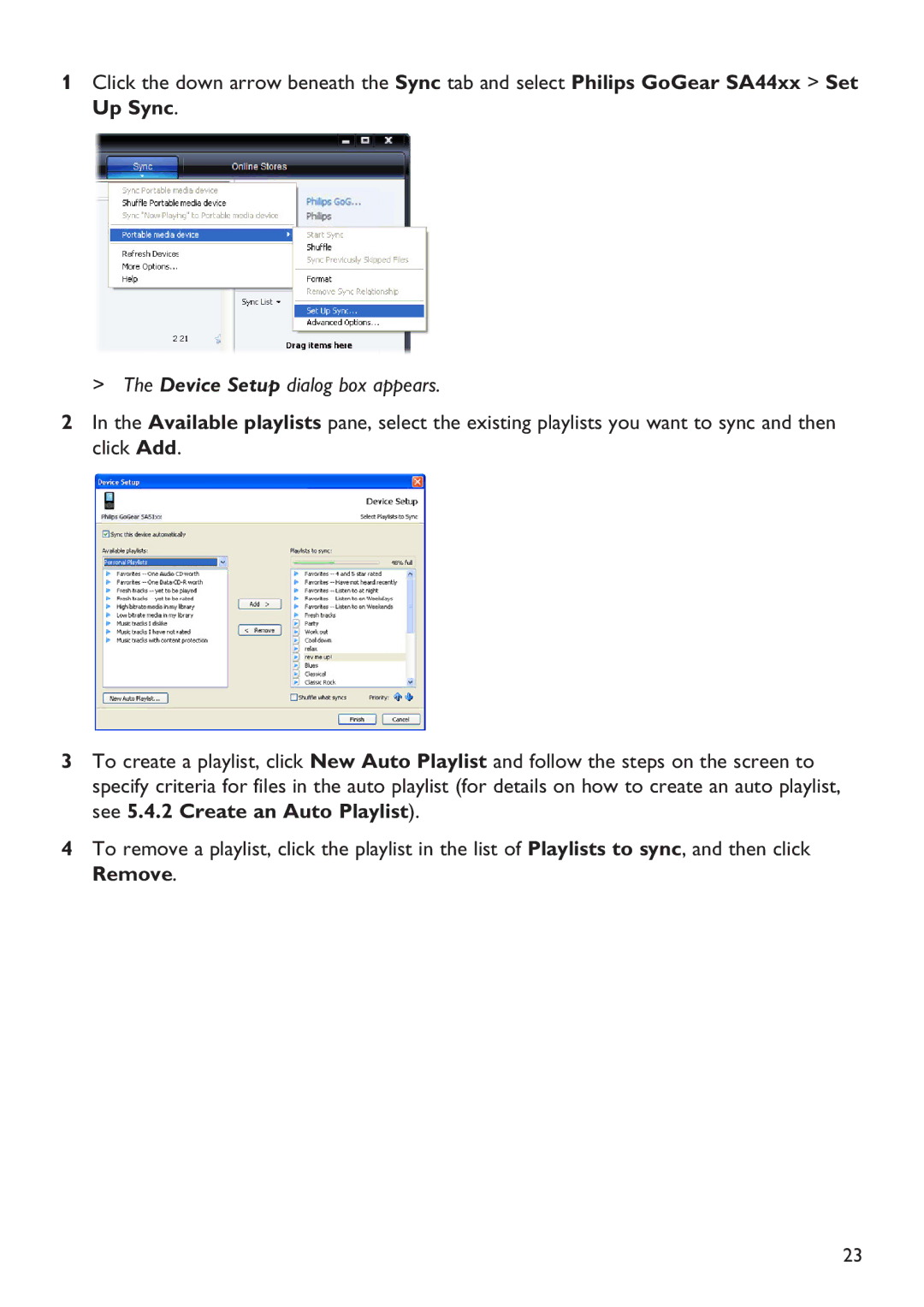 Philips SA4486, SA4485, SA4446, SA4416, SA4415, SA4445, SA4426, SA4425 manual Device Setup dialog box appears 