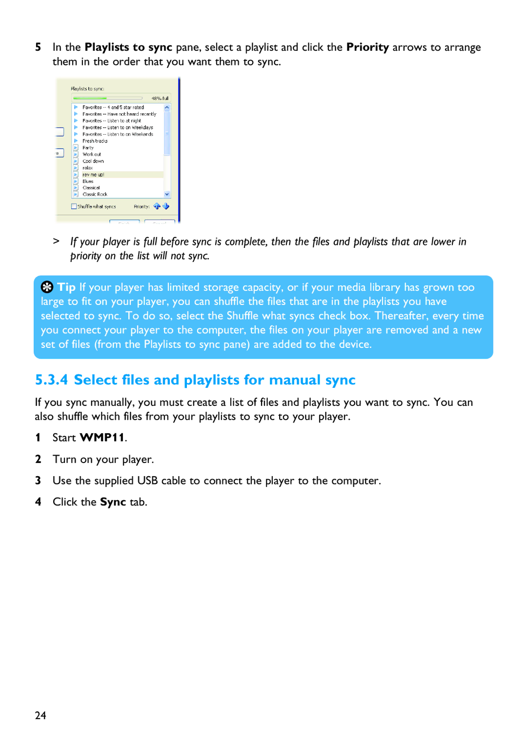 Philips SA4415, SA4485, SA4446, SA4416, SA4486, SA4445, SA4426, SA4425 Select files and playlists for manual sync 