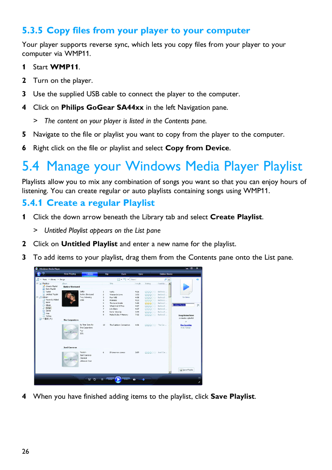 Philips SA4426, SA4485, SA4446 manual Manage your Windows Media Player Playlist, Copy files from your player to your computer 