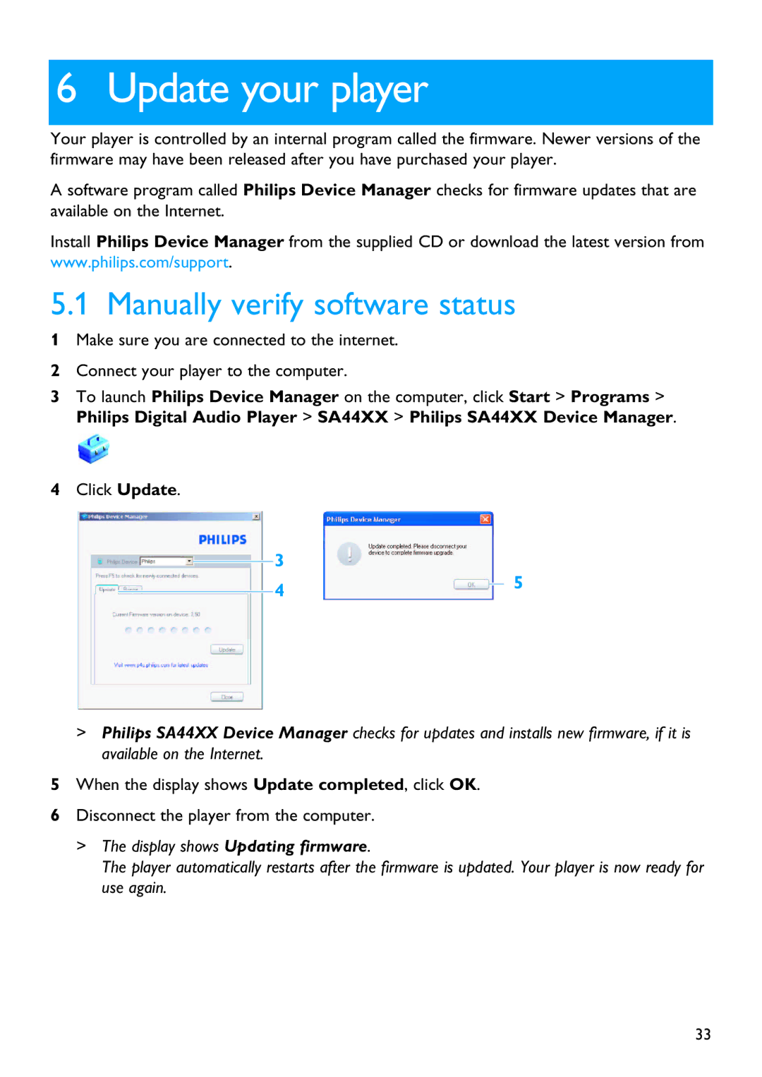 Philips SA4445, SA4485, SA4446, SA4416, SA4486, SA4415 manual Update your player, Manually verify software status, Click Update 