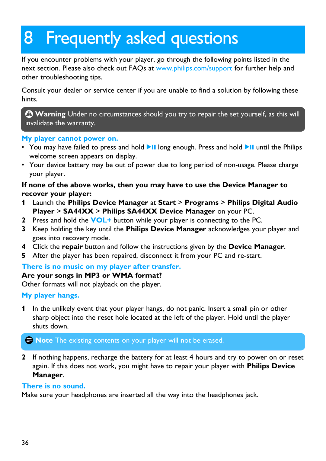 Philips SA4485 manual Frequently asked questions, My player cannot power on, There is no music on my player after transfer 