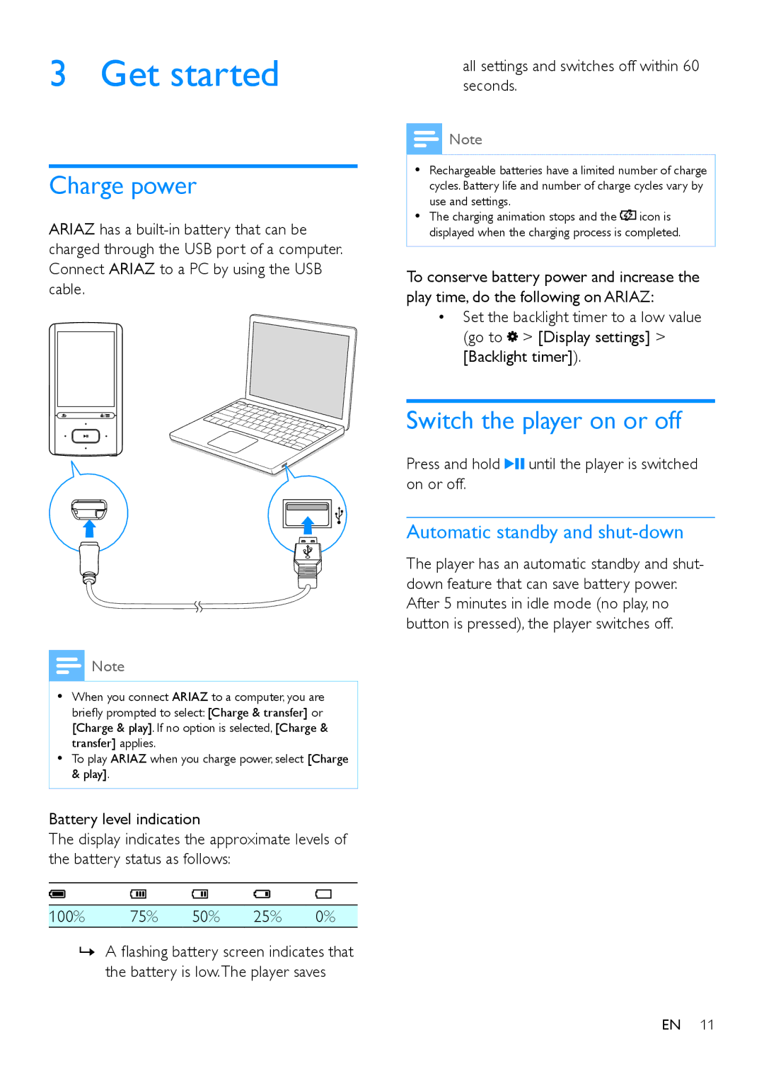 Philips SA4ARA 08, SA4ARA 04 Get started, Charge power, Switch the player on or off, Automatic standby and shut-down 