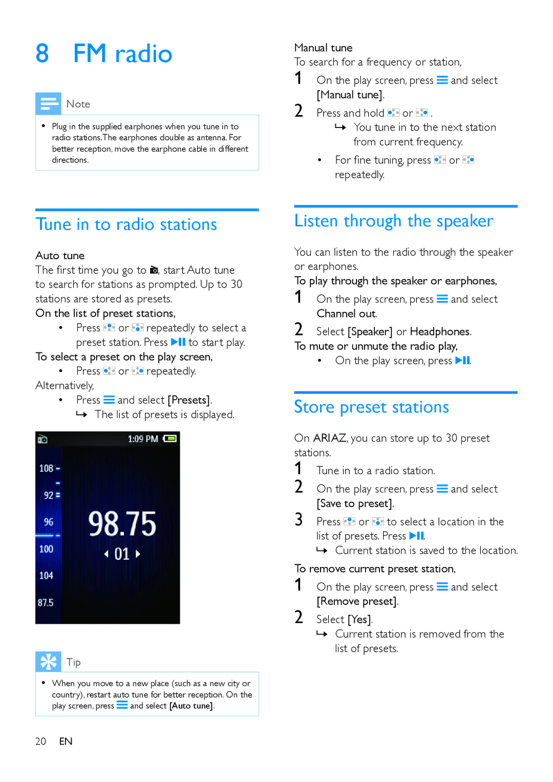 Philips SA4ARA 32, SA4ARA 04 FM radio, Tune in to radio stations, Listen through the speaker, Store preset stations 