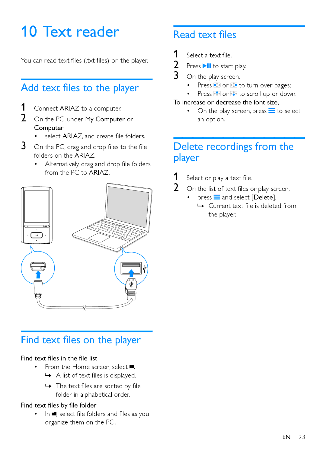 Philips SA4ARA 08, SA4ARA 04 Text reader, Add text files to the player, Find text files on the player, Read text files 