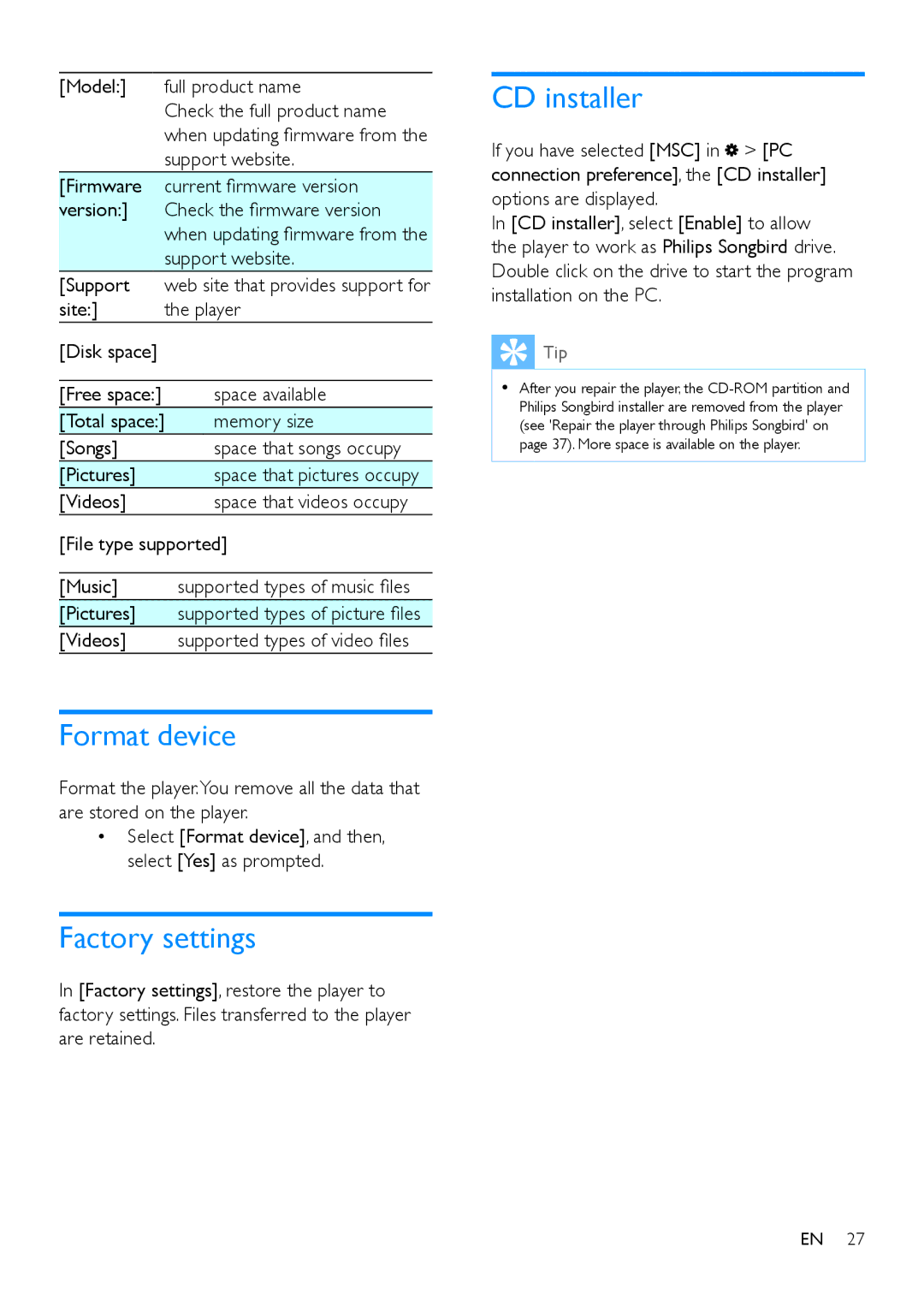 Philips SA4ARA 08, SA4ARA 04, SA4ARA 32, SA4ARA 16 user manual Format device, Factory settings, CD installer 