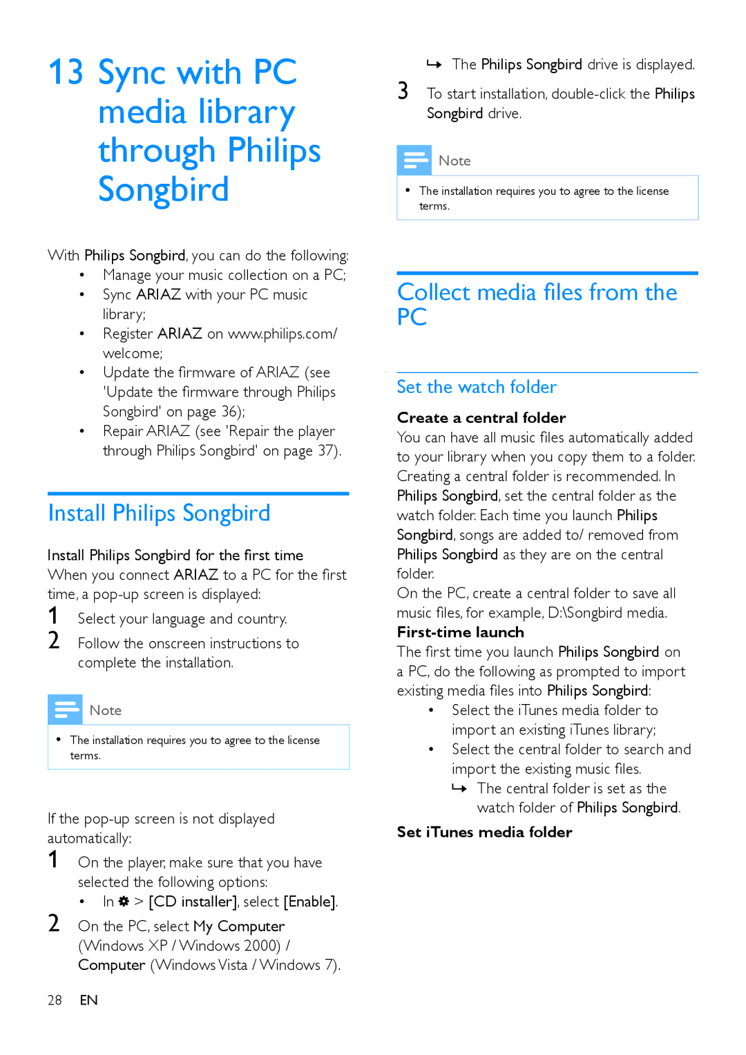 Philips SA4ARA 32, SA4ARA 04, SA4ARA 08, SA4ARA 16 Install Philips Songbird, Collect media files from, Set the watch folder 