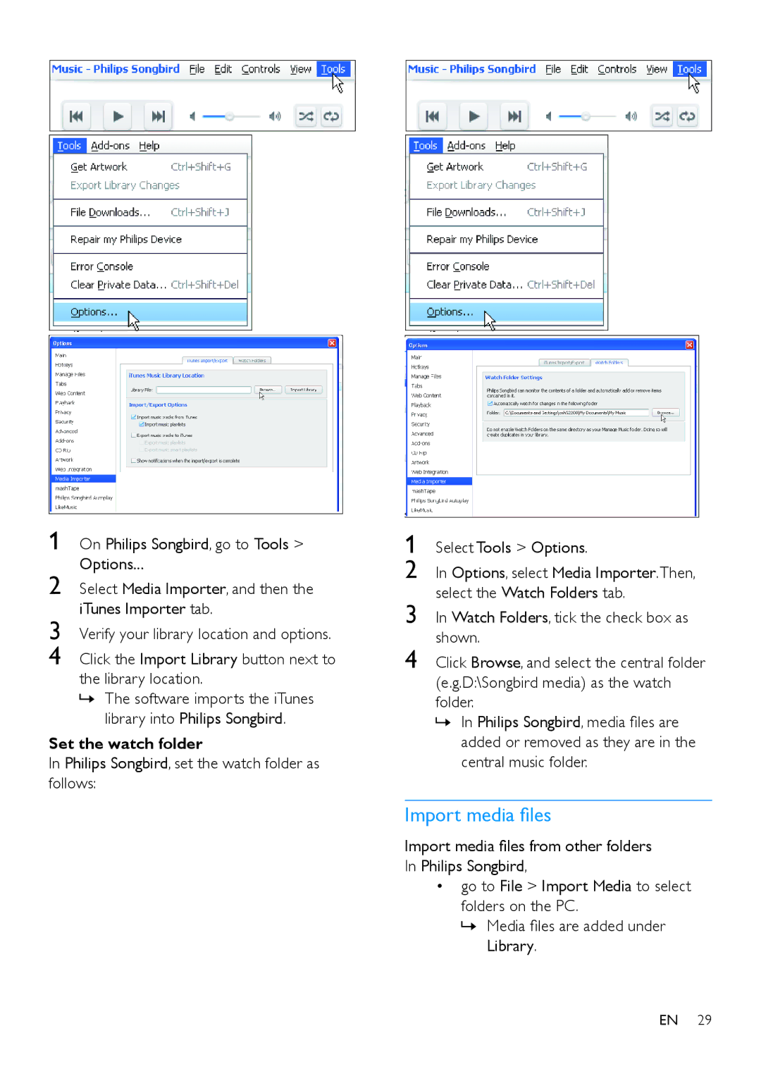 Philips SA4ARA 16, SA4ARA 04, SA4ARA 08, SA4ARA 32 user manual Import media files, Set the watch folder 