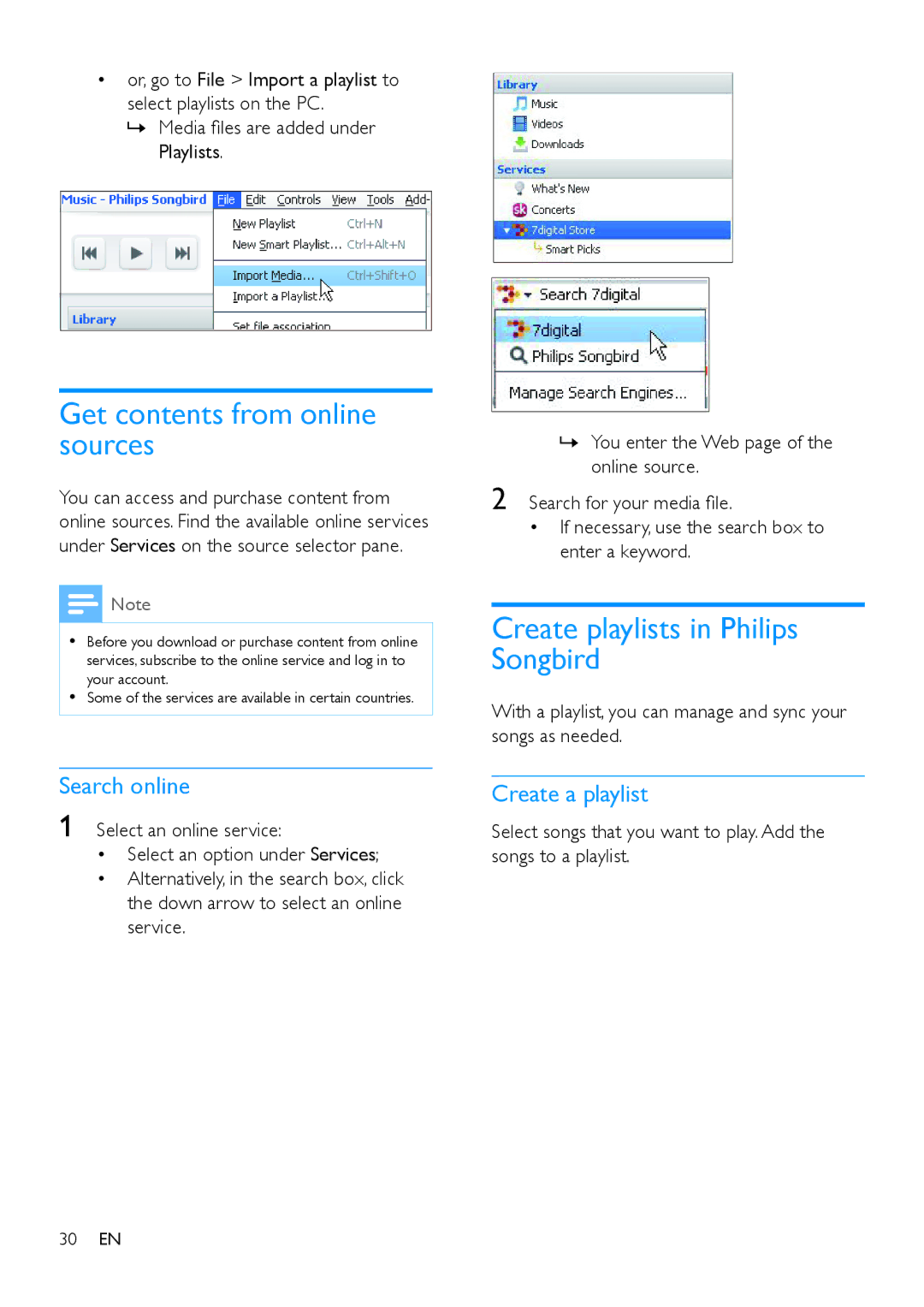 Philips SA4ARA 04, SA4ARA 08, SA4ARA 32, SA4ARA 16 Get contents from online sources, Create playlists in Philips Songbird 