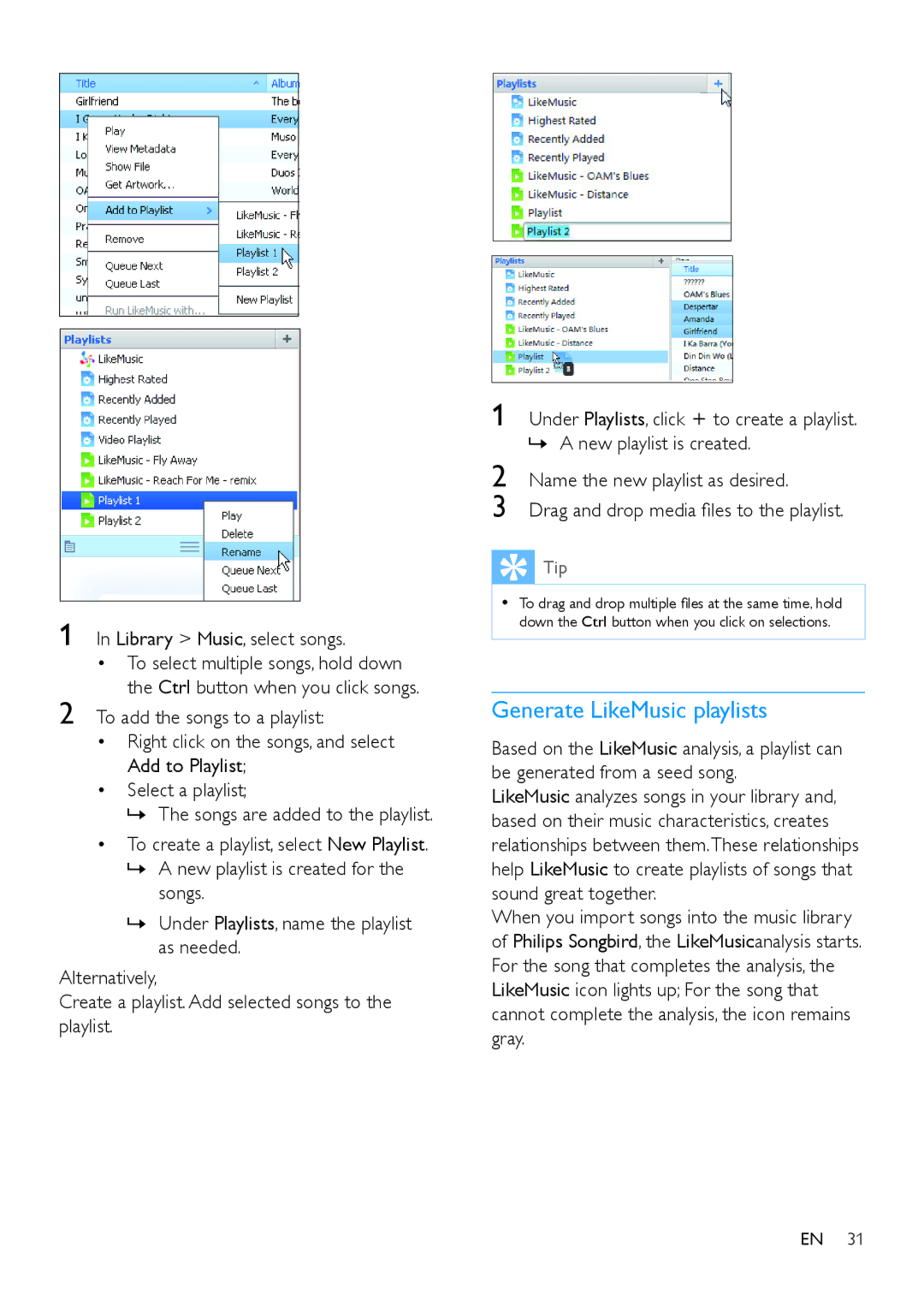 Philips SA4ARA 08, SA4ARA 04, SA4ARA 32, SA4ARA 16 user manual Generate LikeMusic playlists, Library Music, select songs 