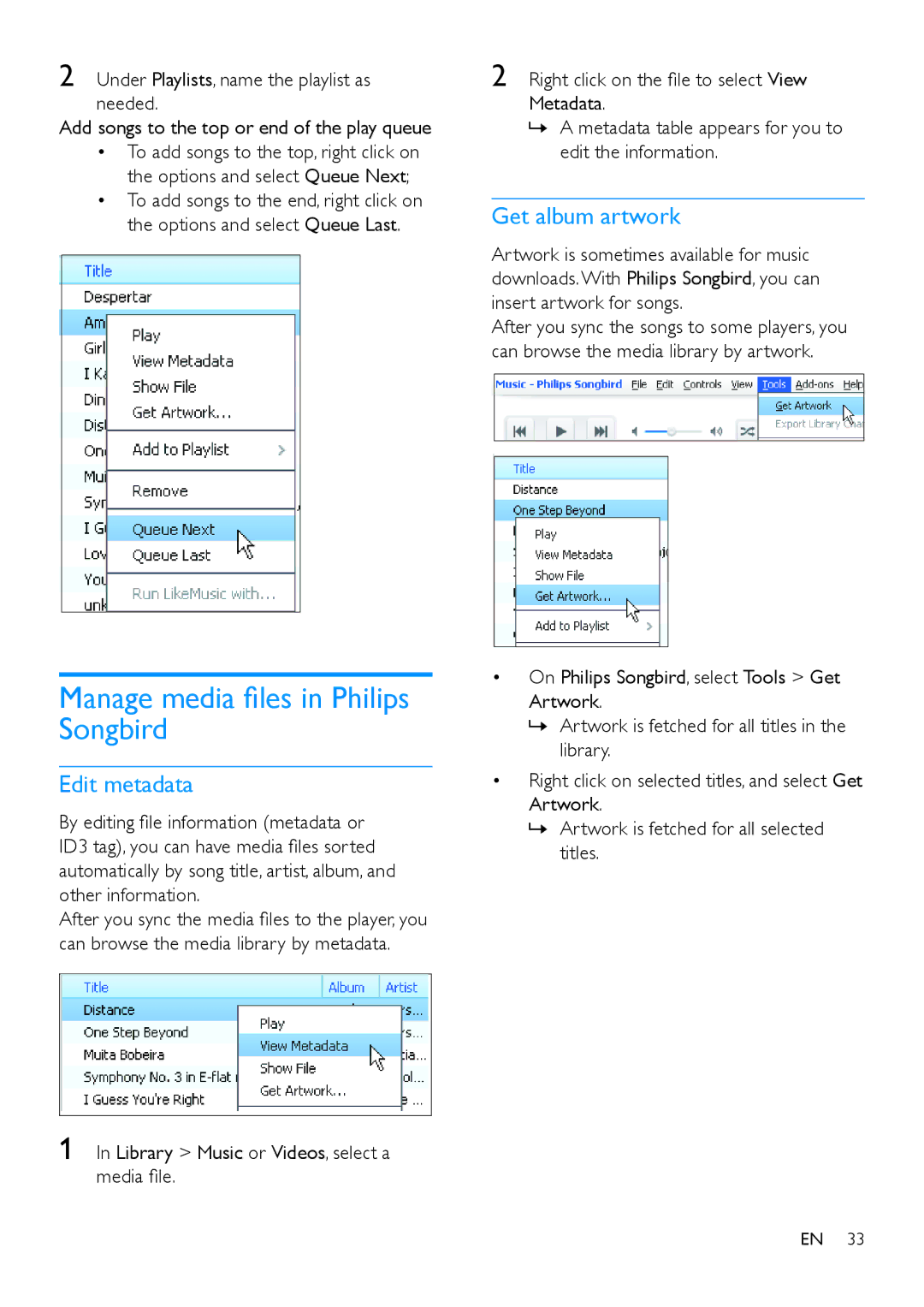 Philips SA4ARA 16, SA4ARA 04, SA4ARA 08, SA4ARA 32 Manage media files in Philips Songbird, Edit metadata, Get album artwork 