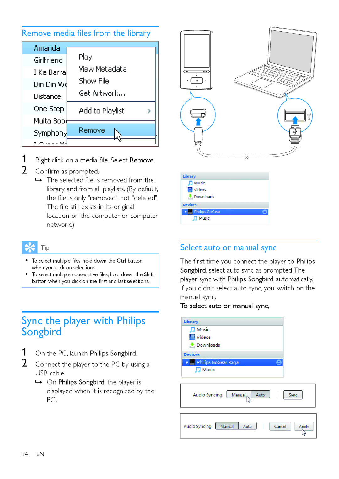 Philips SA4ARA 04 Sync the player with Philips Songbird, Remove media files from the library, Select auto or manual sync 