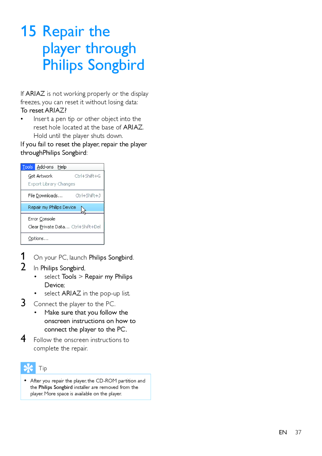 Philips SA4ARA 16, SA4ARA 04, SA4ARA 08, SA4ARA 32 user manual Repair the player through Philips Songbird, To reset ARIAZ? 