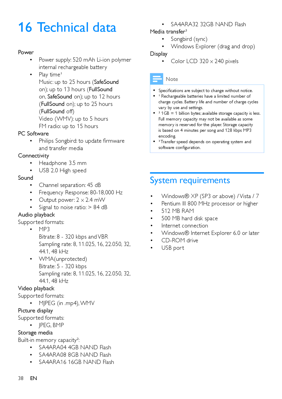 Philips SA4ARA 04, SA4ARA 08, SA4ARA 32, SA4ARA 16 user manual Technical data, System requirements, Power, Play time¹ 