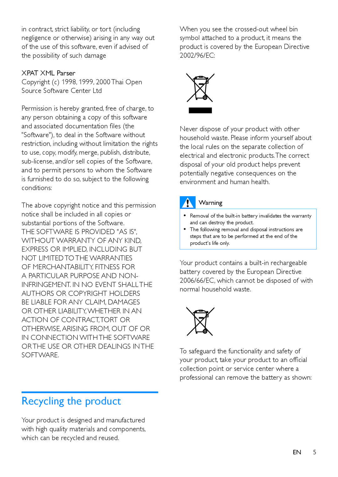 Philips SA4ARA 16, SA4ARA 04, SA4ARA 08, SA4ARA 32 user manual Recycling the product, Xpat XML Parser 