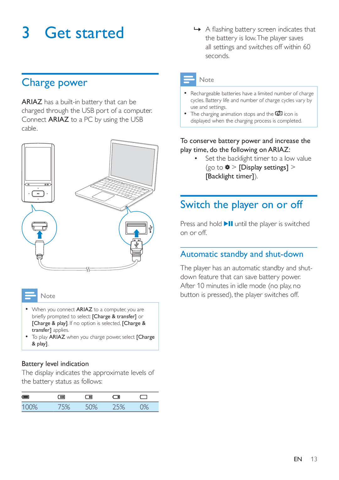 Philips SA4ARA 08, SA4ARA 04 Get started, Charge power, Switch the player on or off, Automatic standby and shut-down 