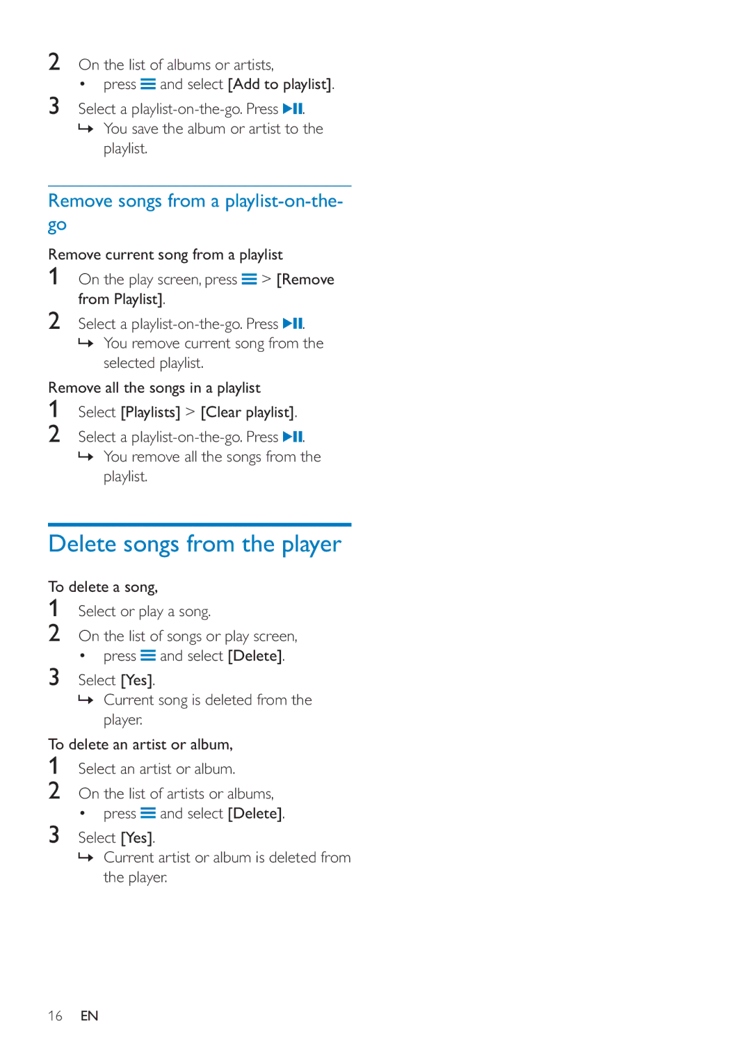 Philips SA4ARA 04, SA4ARA 08, SA4ARA 32, SA4ARA 16 Delete songs from the player, Remove songs from a playlist-on-the- go 