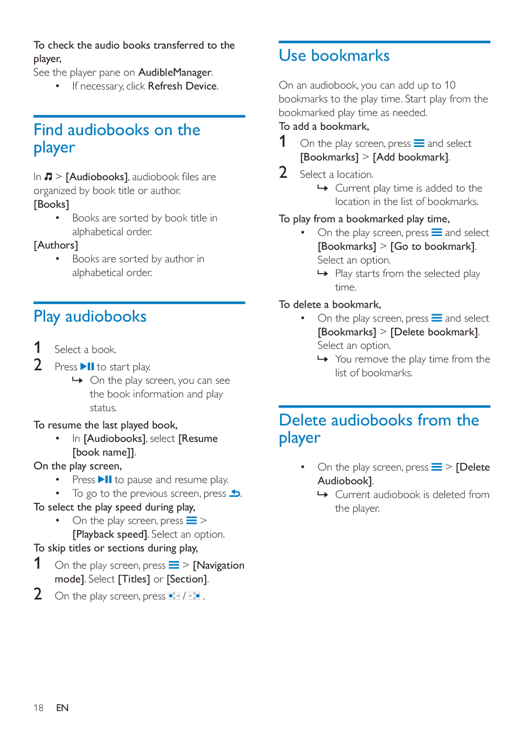 Philips SA4ARA 32 Find audiobooks on the player, Play audiobooks, Use bookmarks, Delete audiobooks from the player 