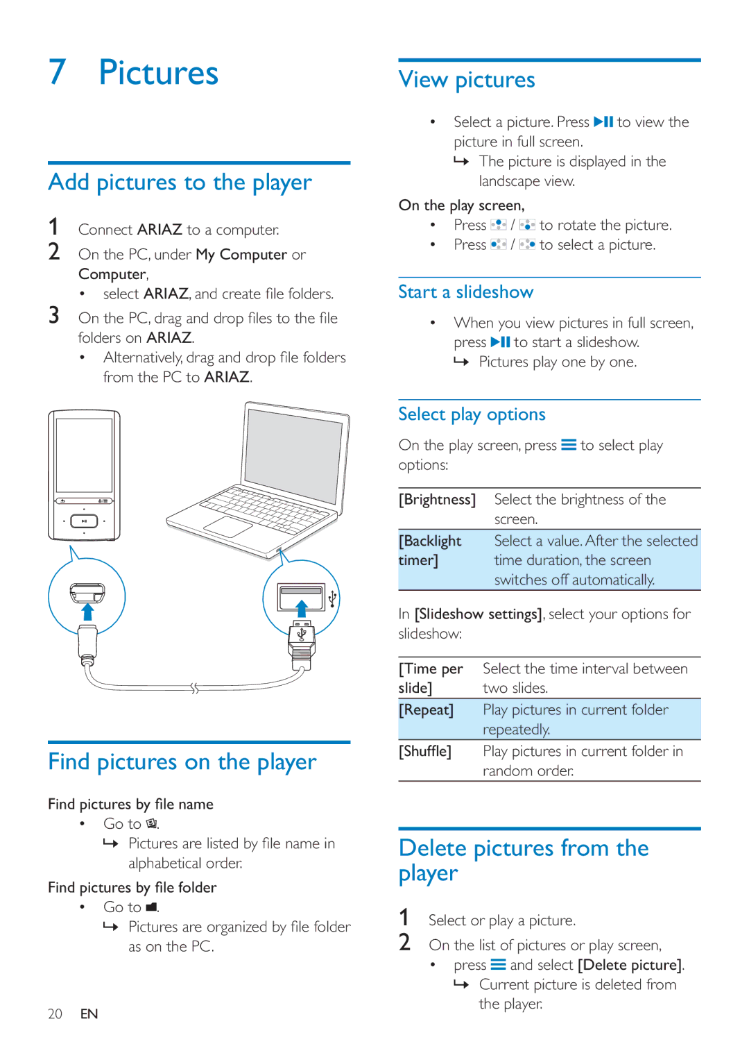 Philips SA4ARA 04, SA4ARA 08, SA4ARA 32 Pictures, Add pictures to the player, Find pictures on the player, View pictures 