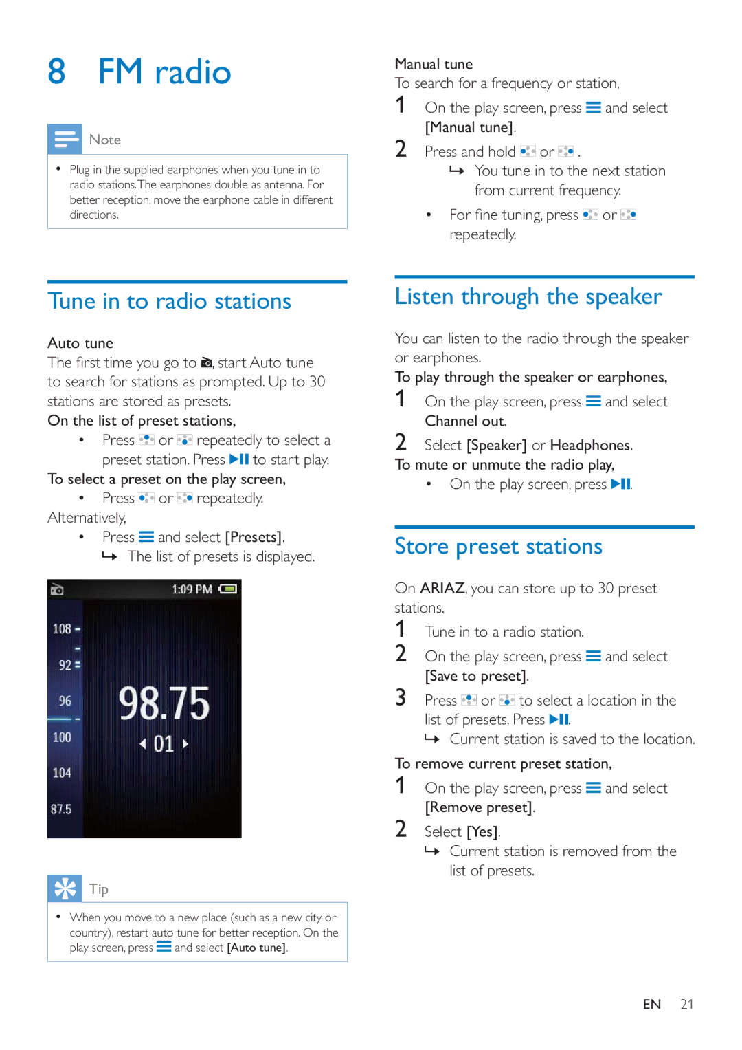 Philips SA4ARA 08 FM radio, Tune in to radio stations, Listen through the speaker, Store preset stations, Repeatedly 