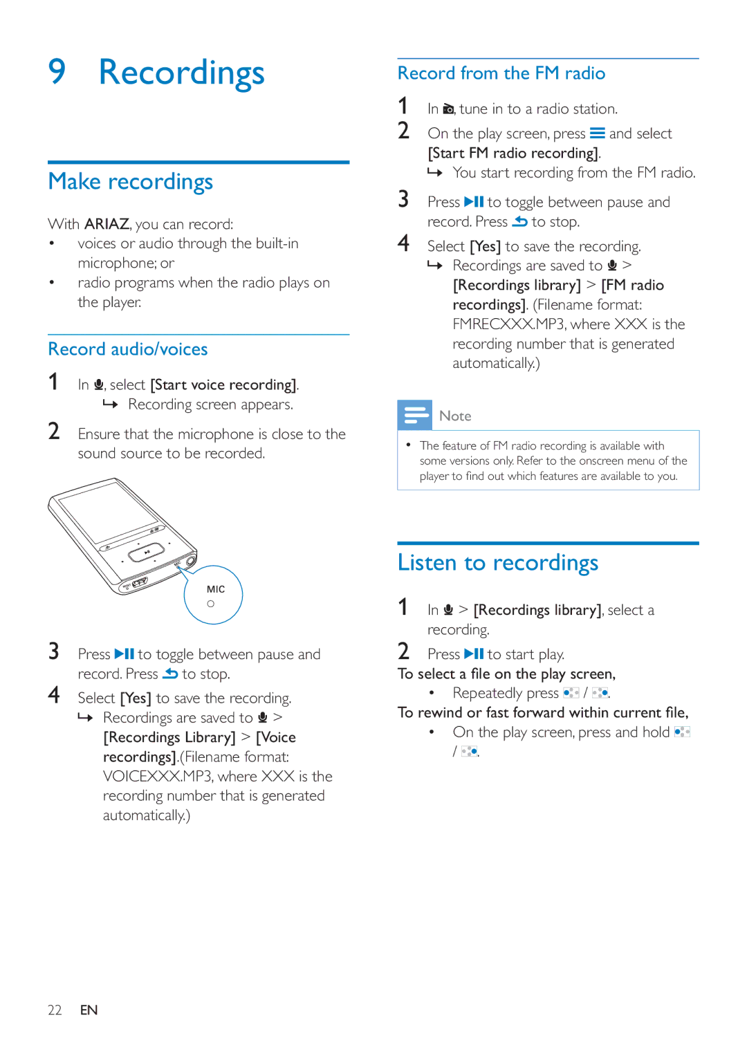 Philips SA4ARA 32 Recordings, Make recordings, Listen to recordings, Record audio/voices, Record from the FM radio 