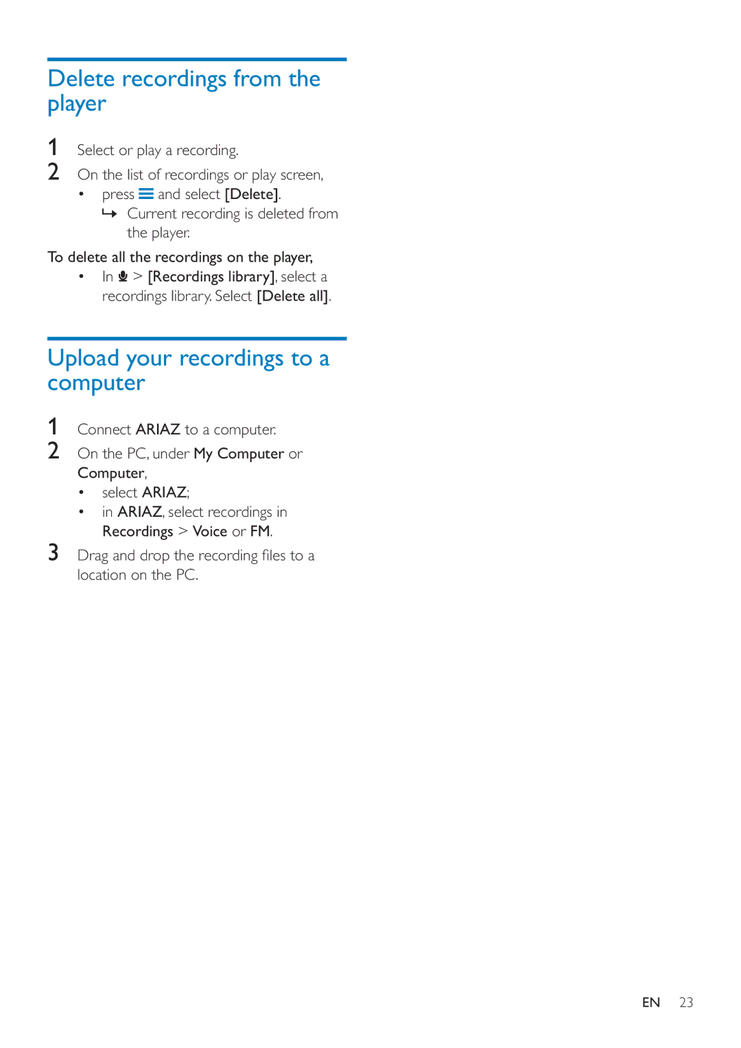 Philips SA4ARA 16, SA4ARA 04 Delete recordings from the player, Upload your recordings to a computer, Location on the PC 