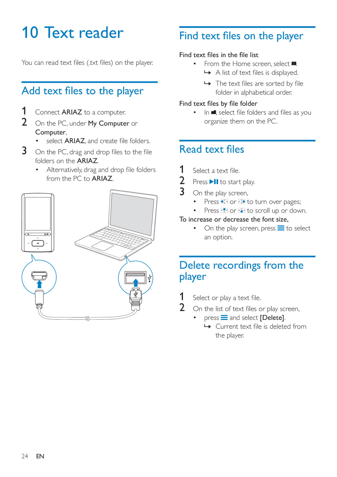 Philips SA4ARA 04, SA4ARA 08, SA4ARA 32, SA4ARA 16 user manual Text reader, To increase or decrease the font size, An option 