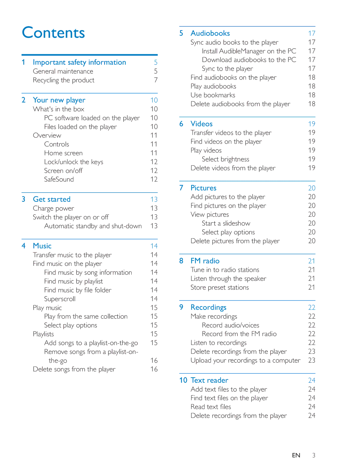 Philips SA4ARA 16, SA4ARA 04, SA4ARA 08, SA4ARA 32 user manual Contents 