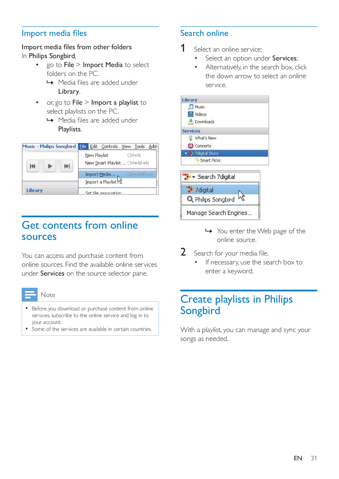 Philips SA4ARA 16, SA4ARA 04, SA4ARA 08, SA4ARA 32 Get contents from online sources, Create playlists in Philips Songbird 