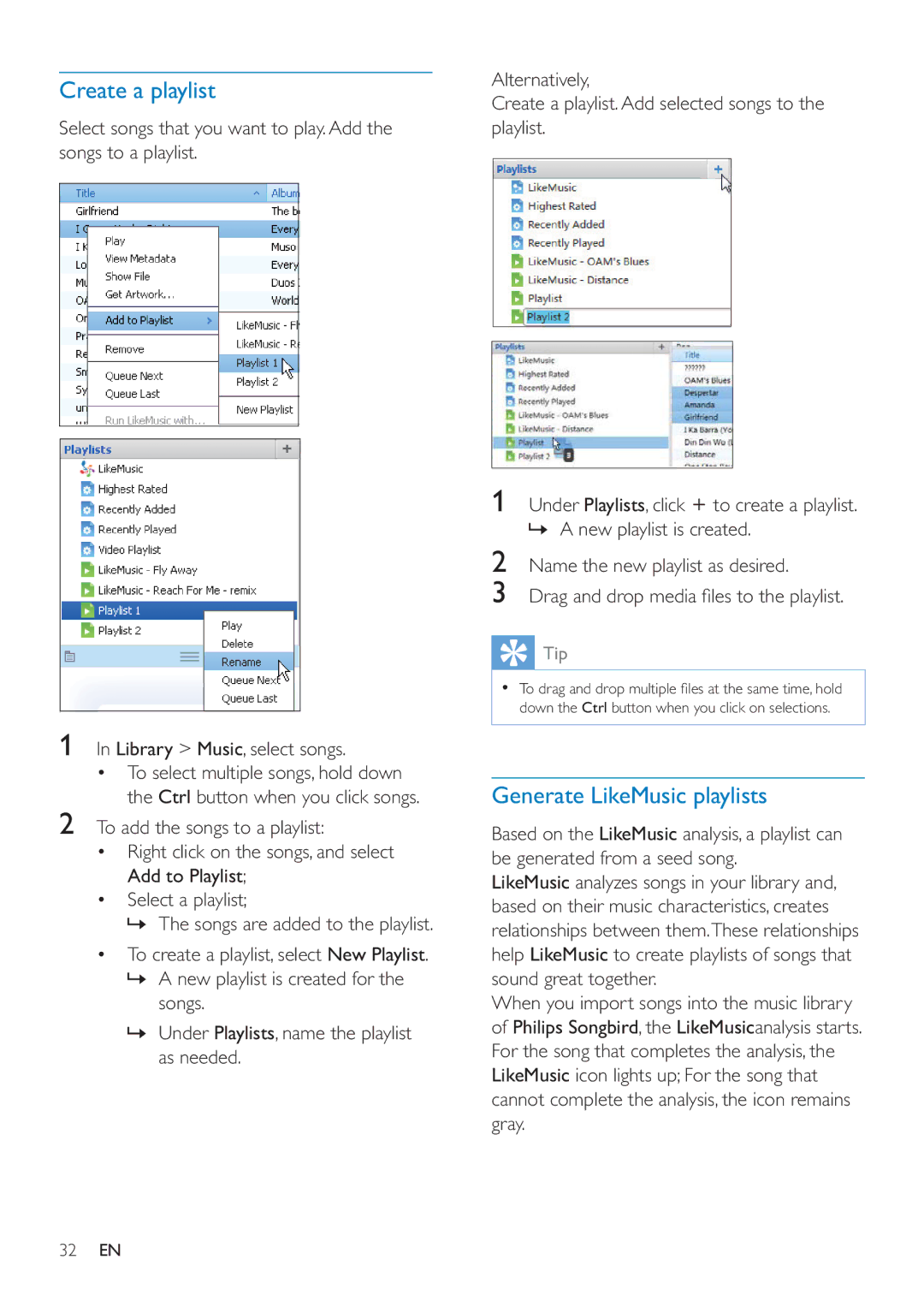 Philips SA4ARA 04, SA4ARA 08, SA4ARA 32, SA4ARA 16 user manual Create a playlist, Generate LikeMusic playlists 