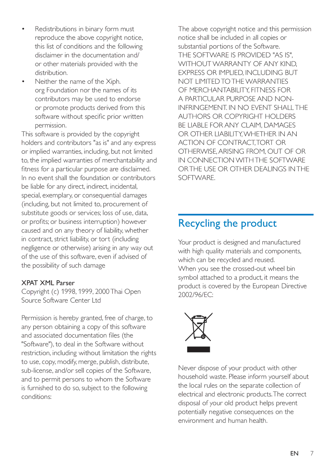 Philips SA4ARA 16, SA4ARA 04, SA4ARA 08 Recycling the product, Neither the name of the Xiph, Permission, Xpat XML Parser 