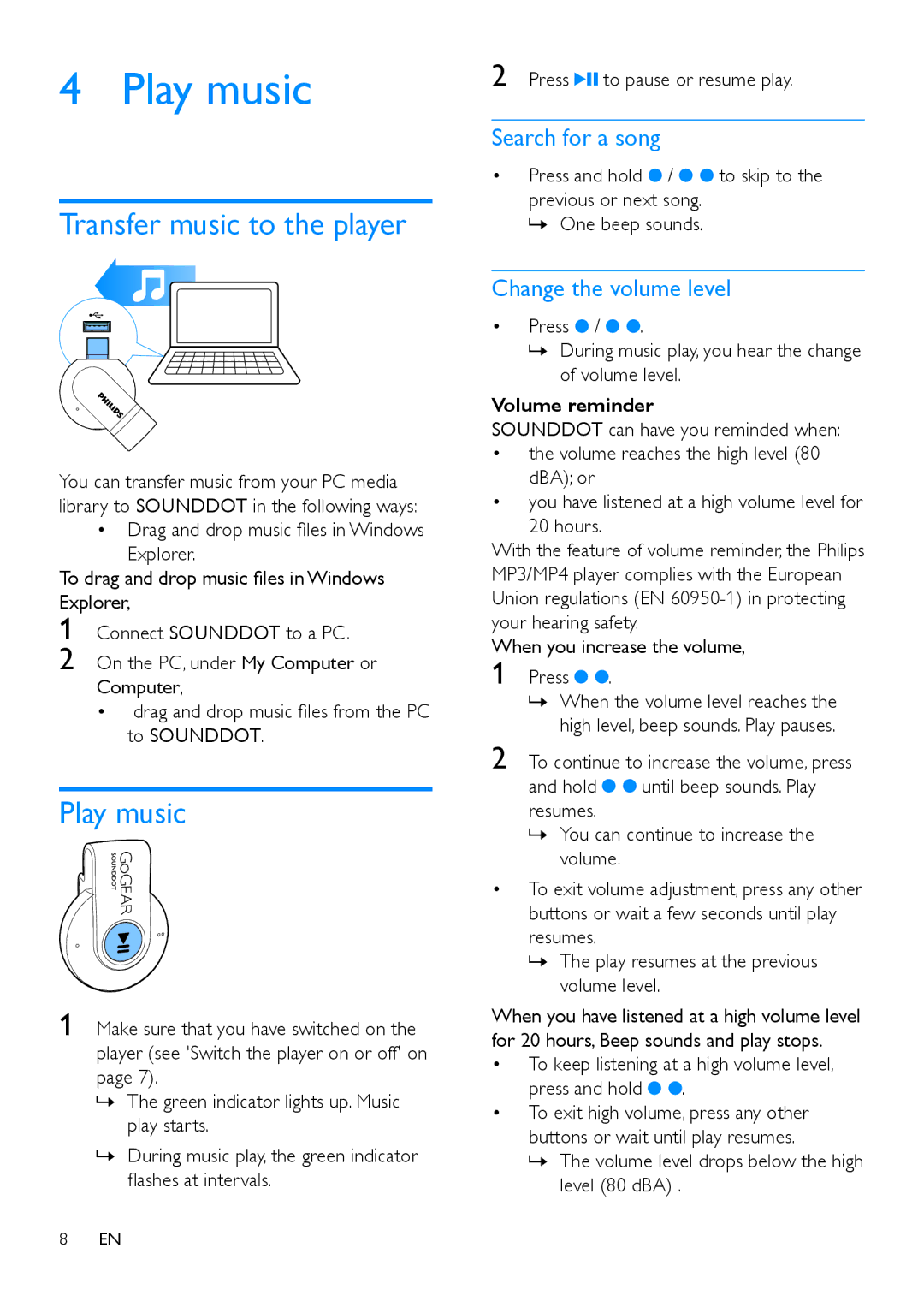 Philips SA4DOT02, SA4DOT04, SA4DOT08 Play music, Transfer music to the player, Search for a song, Change the volume level 