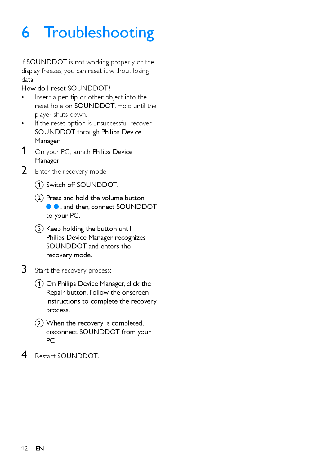 Philips SA4DOT08, SA4DOT04, SA4DOT02 user manual Troubleshooting 