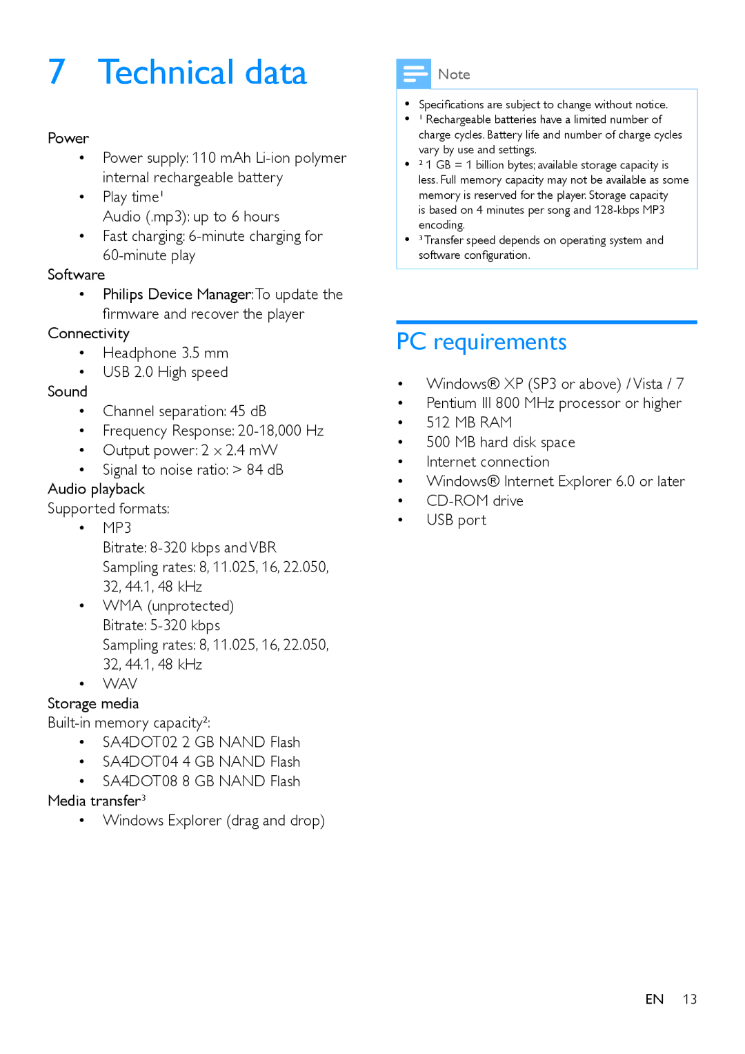 Philips SA4DOT04, SA4DOT02, SA4DOT08 user manual Technical data, PC requirements 