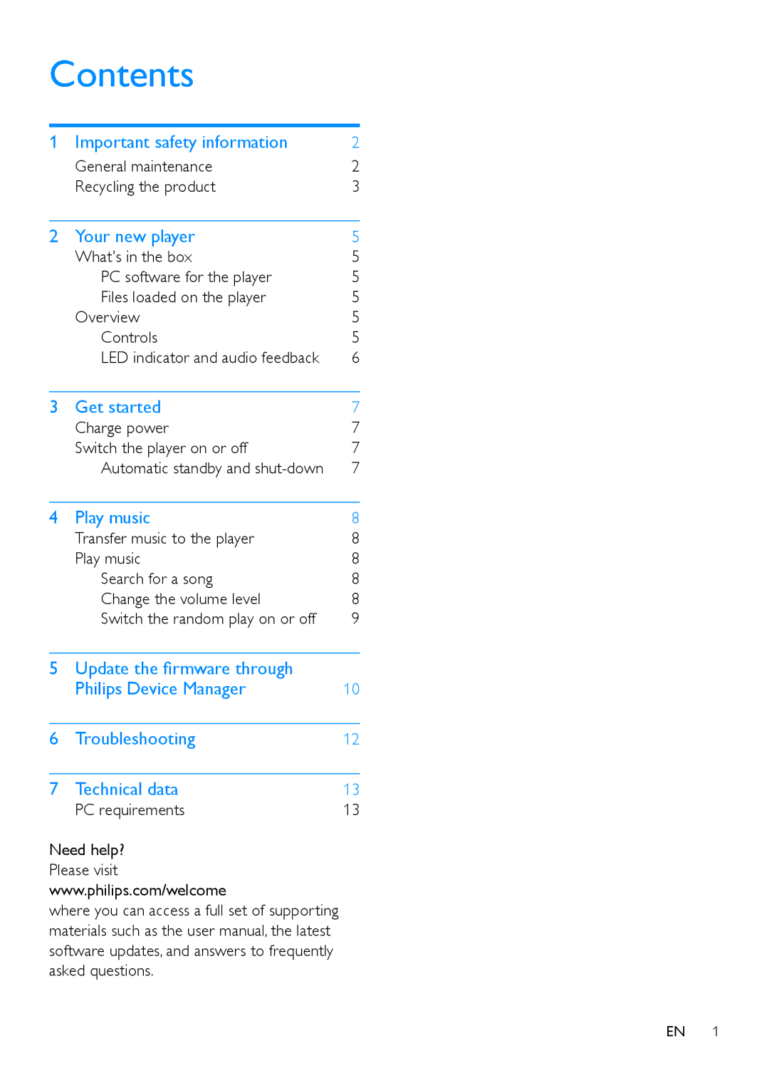 Philips SA4DOT04, SA4DOT02, SA4DOT08 user manual Contents 