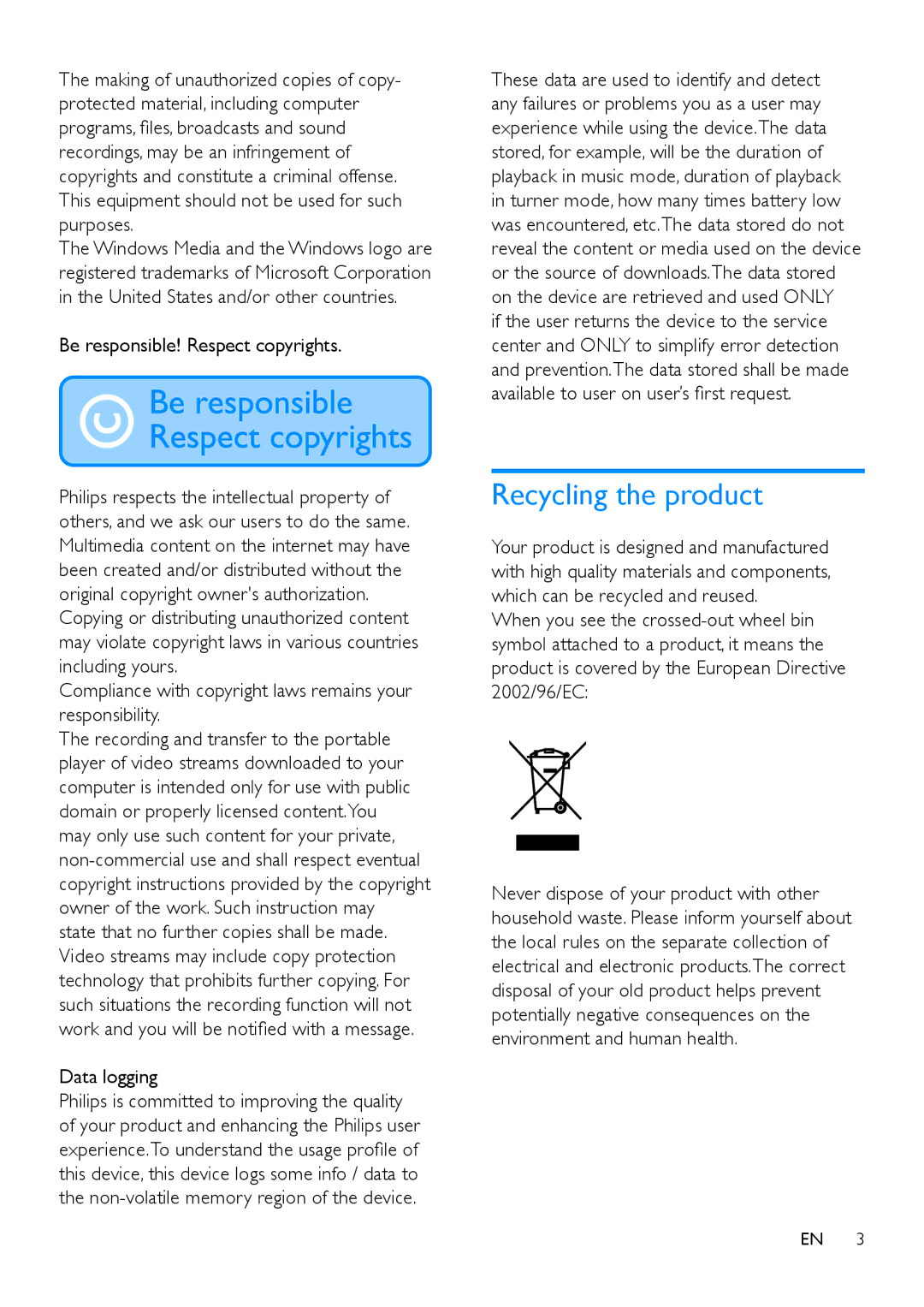 Philips SA4DOT08, SA4DOT04, SA4DOT02 user manual Recycling the product, Be responsible! Respect copyrights 