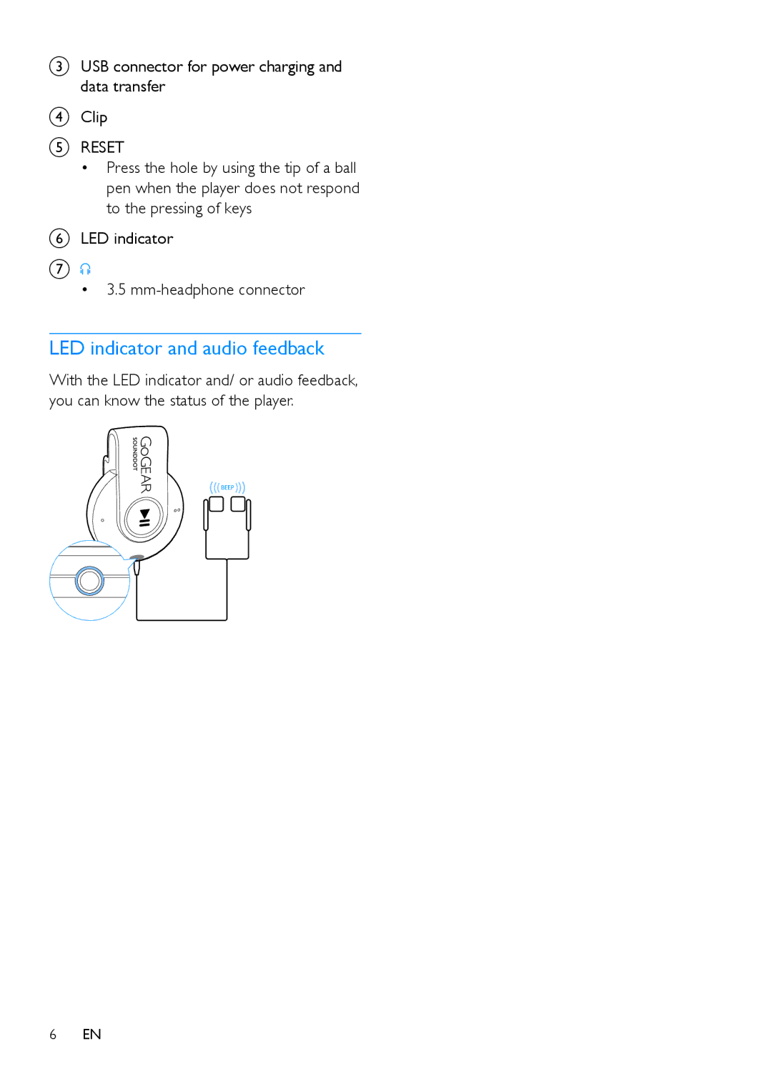 Philips SA4DOT08, SA4DOT04, SA4DOT02 user manual LED indicator and audio feedback, Reset 