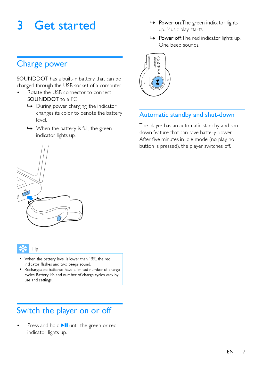 Philips SA4DOT04, SA4DOT02 Get started, Charge power, Switch the player on or off, Automatic standby and shut-down 