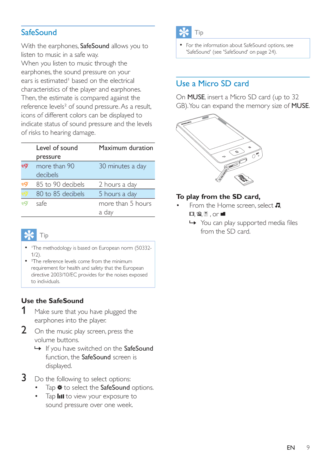 Philips SA4MUS32, SA4MUS08, SA4MUS16 user manual Use a Micro SD card, Use the SafeSound, To play from the SD card 