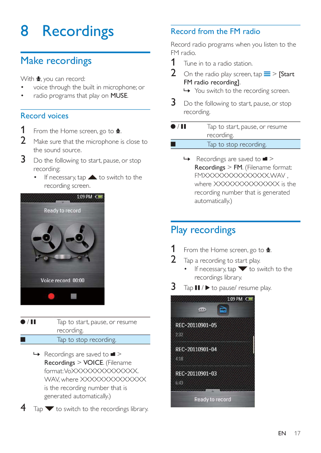 Philips SA4MUS08, SA4MUS32, SA4MUS16 Recordings, Make recordings, Play recordings, Record voices, Record from the FM radio 