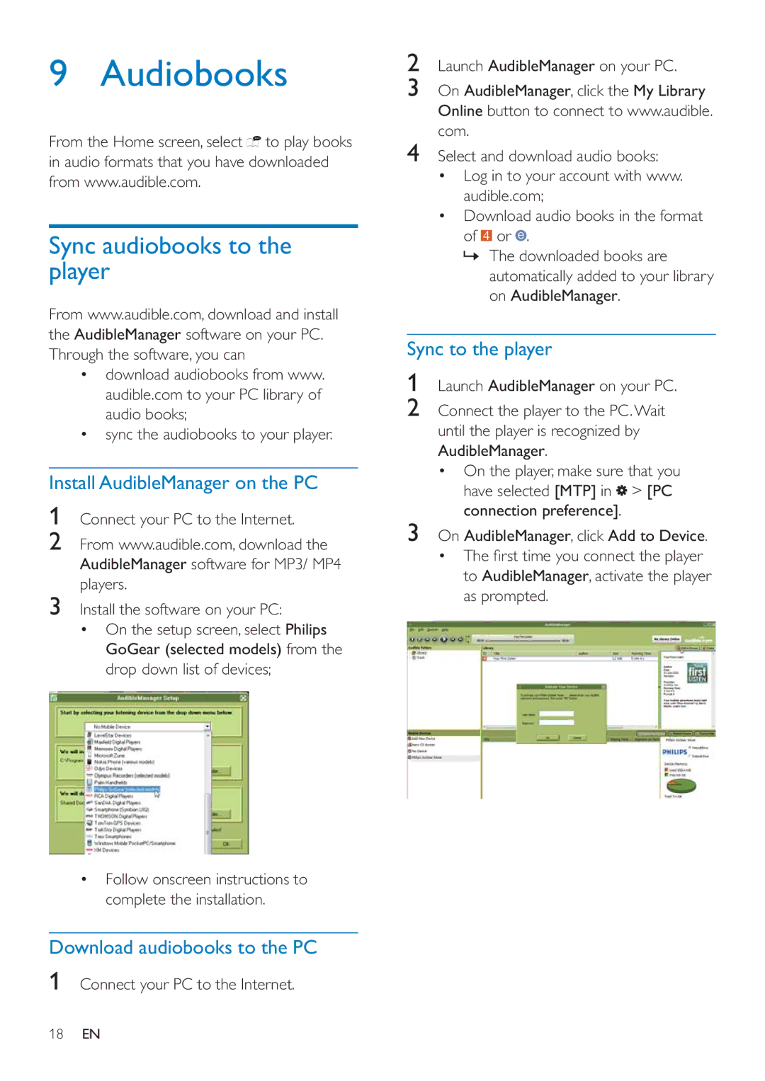 Philips SA4MUS32, SA4MUS08 Audiobooks, Sync audiobooks to the player, Install AudibleManager on the PC, Sync to the player 