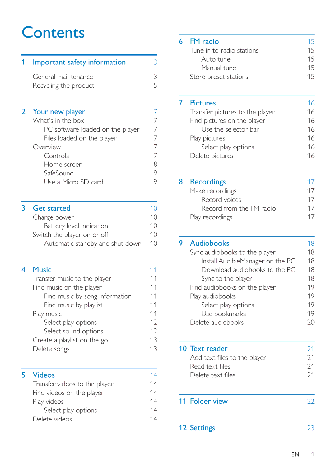 Philips SA4MUS16, SA4MUS08, SA4MUS32 user manual Contents 