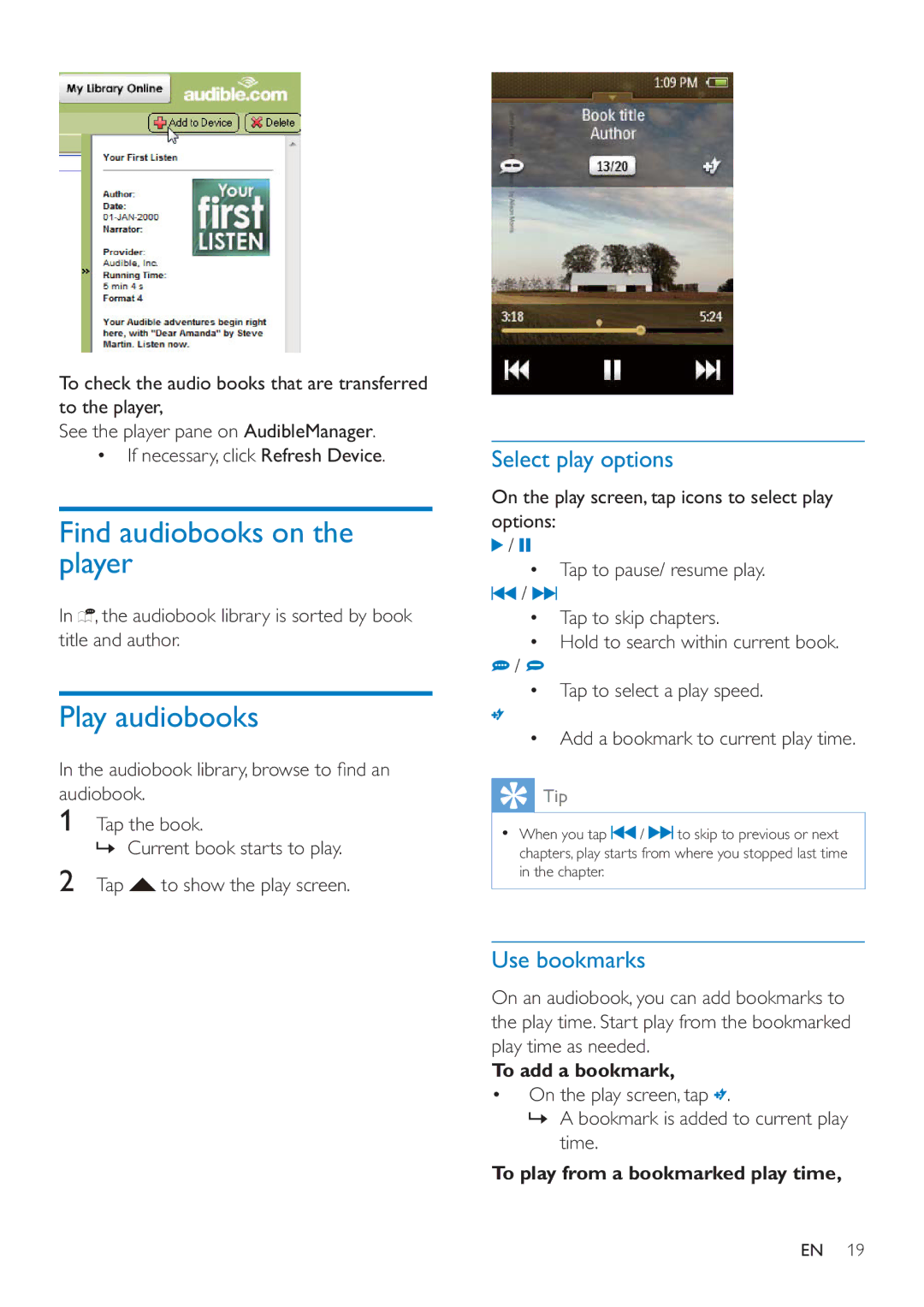 Philips SA4MUS16, SA4MUS08, SA4MUS32 Find audiobooks on the player, Play audiobooks, Use bookmarks, To add a bookmark 