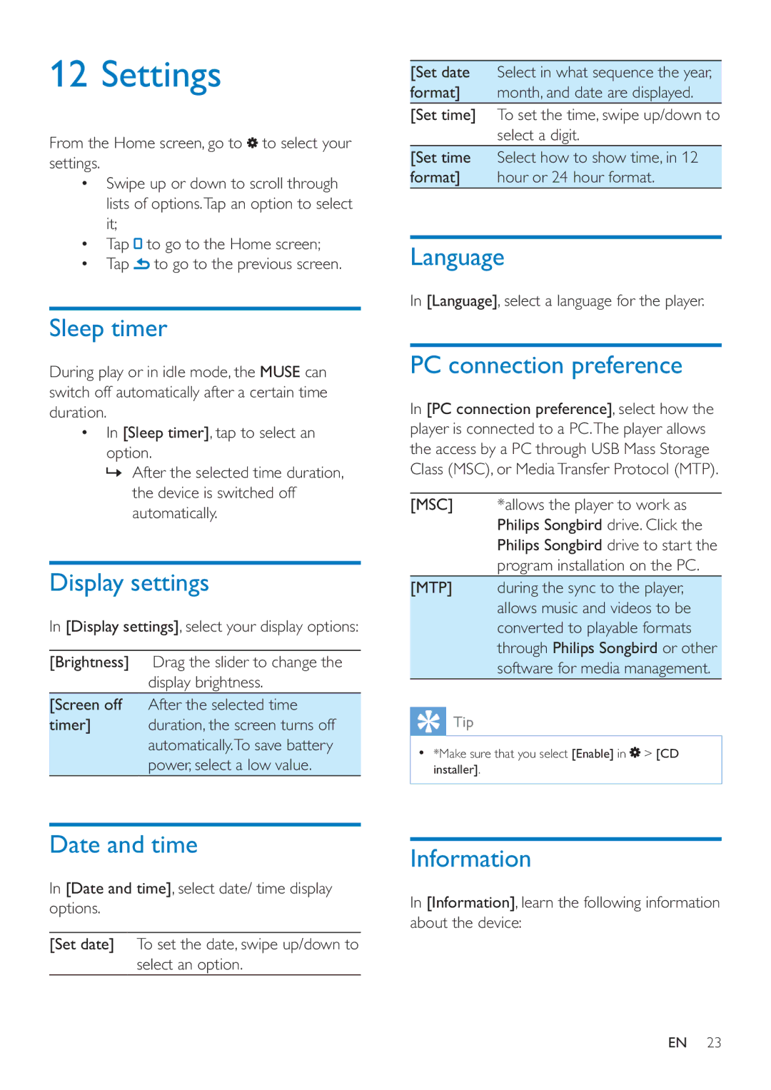 Philips SA4MUS08, SA4MUS32, SA4MUS16 user manual Settings 